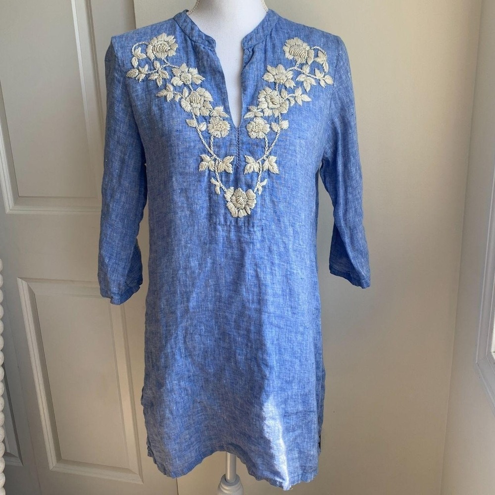 Roberta Freymann Blue Linen Embroidered Tunic Dress Floral Boho Resort Small